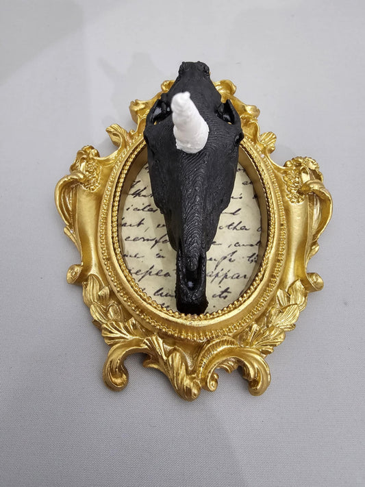 Deadhead - Unicorn Skull, white horn, Gold Frame