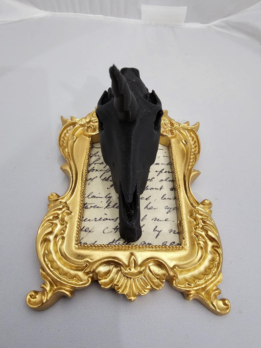 Deadhead - Unicorn Skull, black horn, Gold Frame